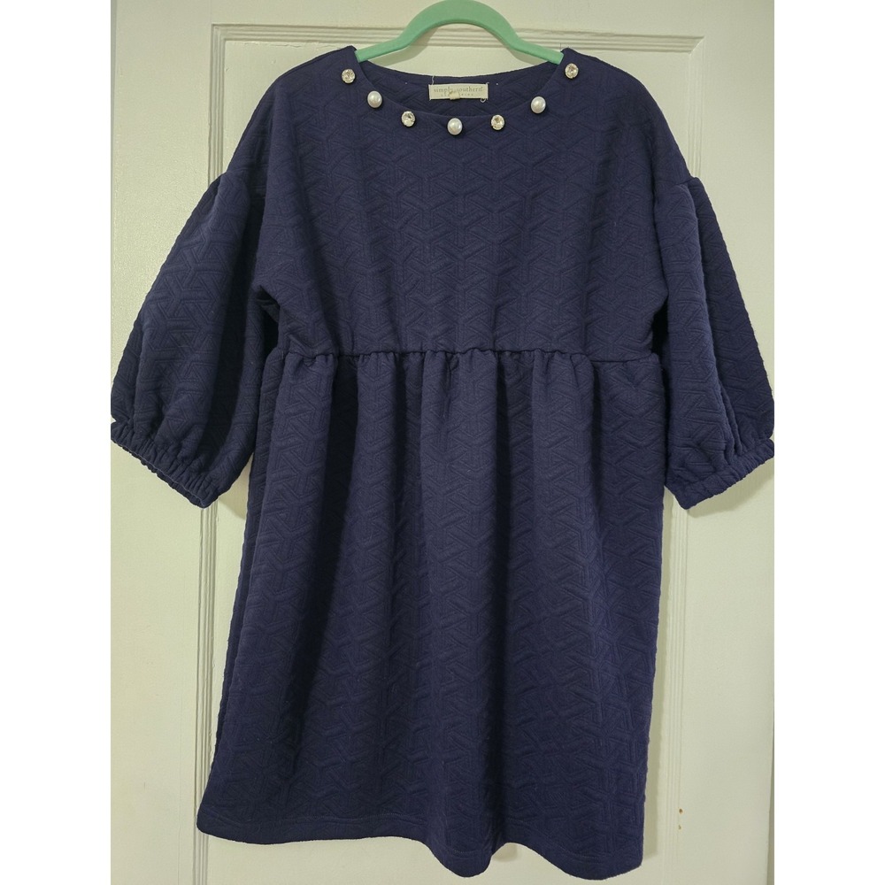 Simply Southern‎ Quilted Navy Dress Pearl Embellished Sizr Small Puffed Sleeves